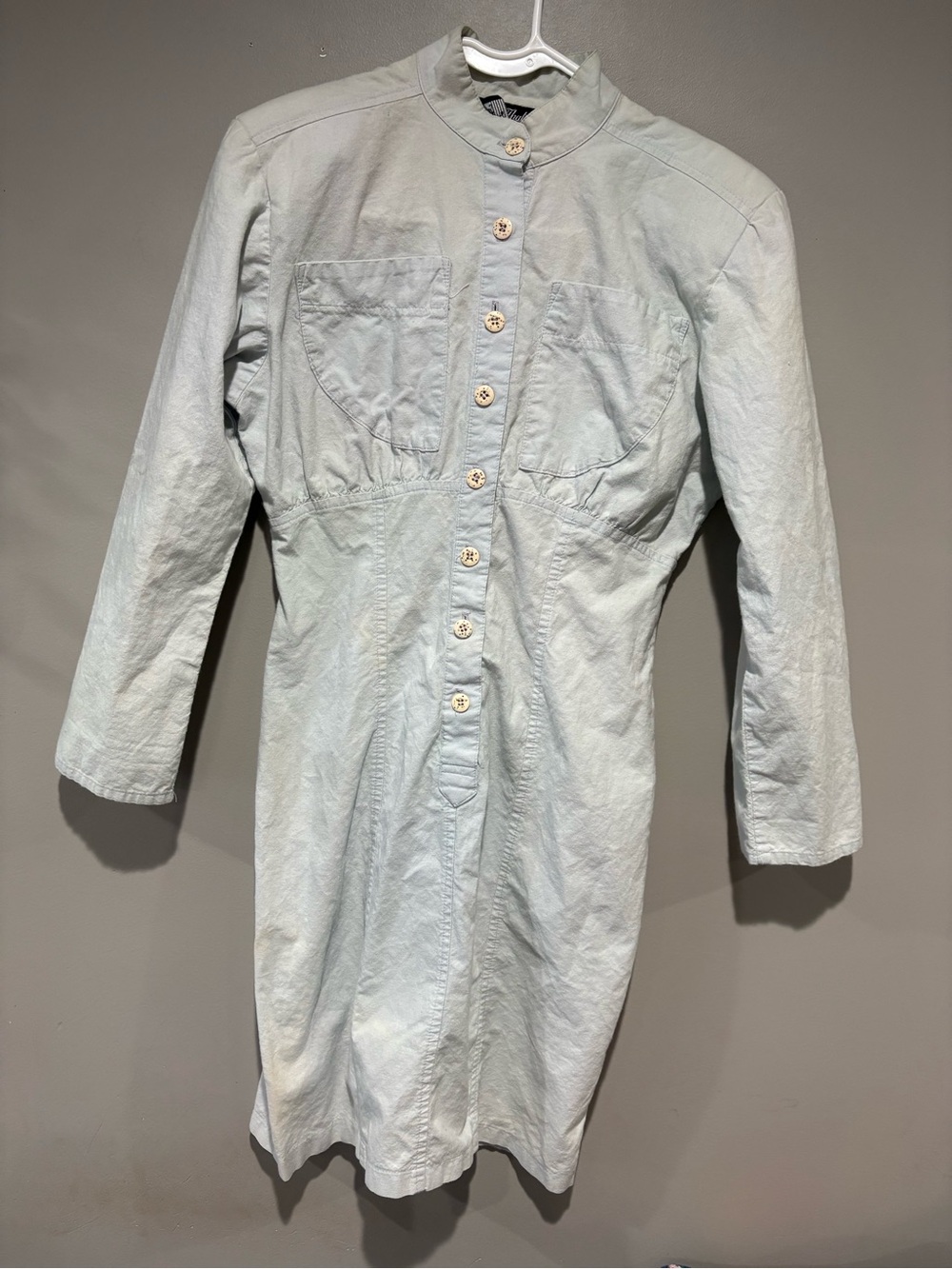 VTG 80s All That Jazz Chambray Cotton Dress 7/8 Light Blue Terrazzo Button Mini